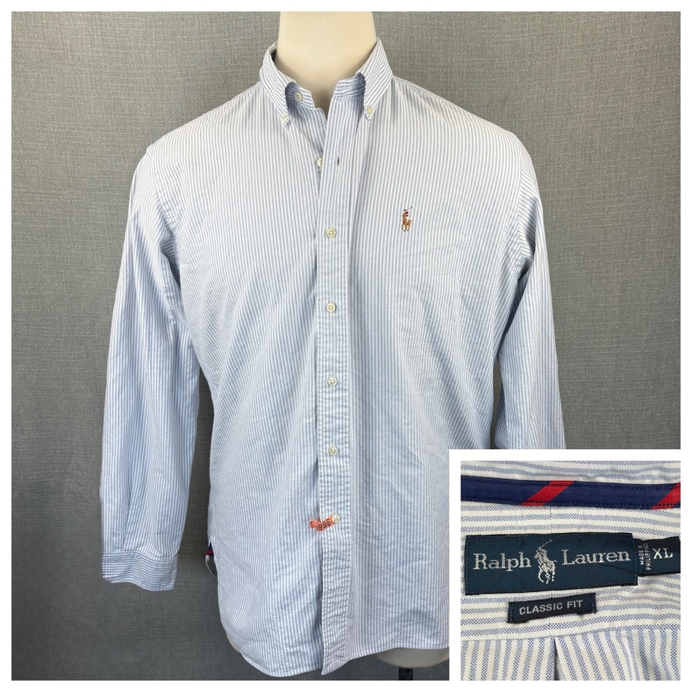 Ralph Lauren Mens XL Classic Fit Blue White Striped Oxford Button Down Shirt